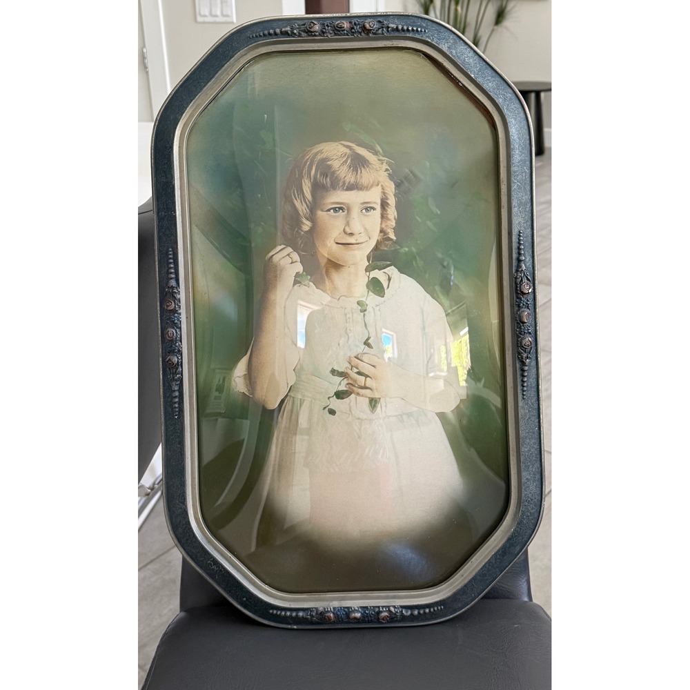 Antique 1922 Hand Colored Portrait Convex Bubble Glass‎ Frame 21.5" x 13.5"